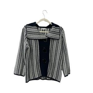 SIONI Dark Blue White Collared Chevron Stripe Chunky Cardigan 3/4 Sleeve Size M
